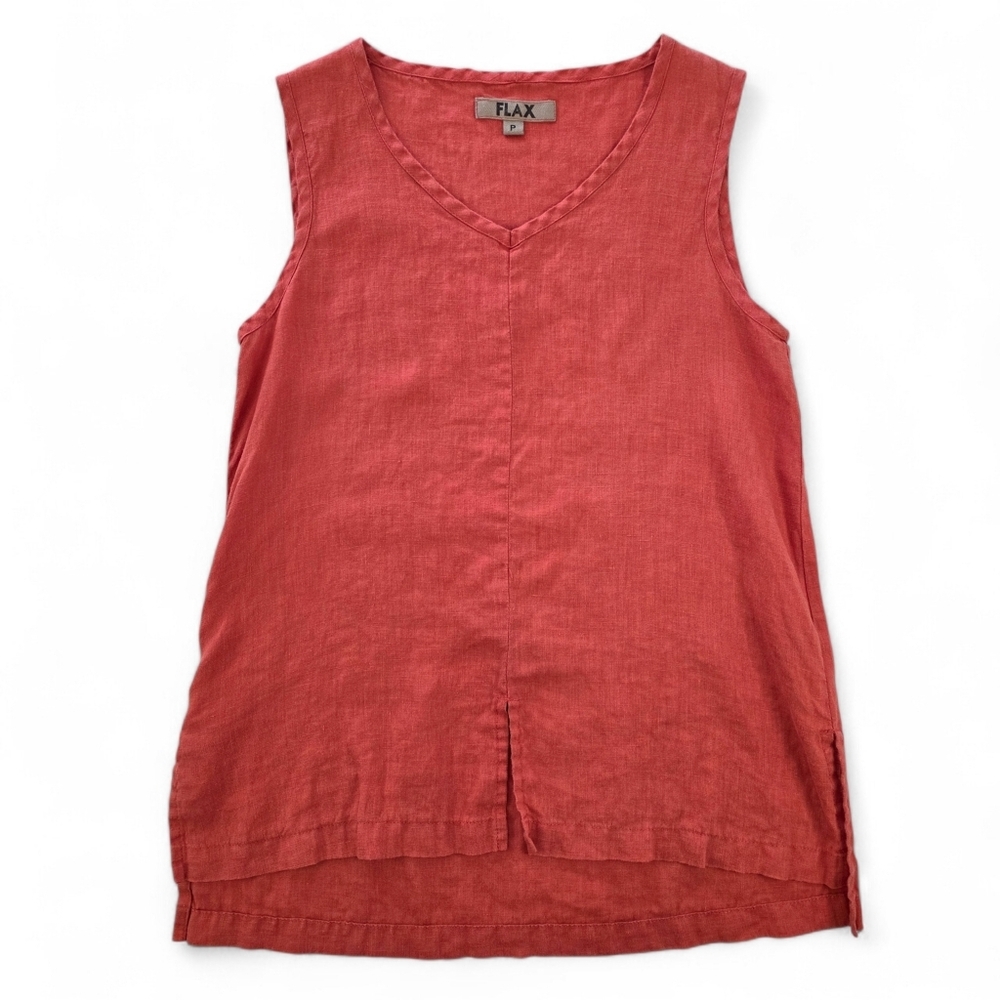 FLAX 100% Linen Sleeveless Tunic Top Washed Coral Red Women Petite P Lagenlook